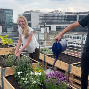 avodaq Kollegen und Kolleginnen gießen gemeinsam die Blumen des Urban Gardens