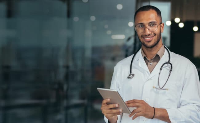 Porträt eines lächelnden afroamerikanischen Arztes in einer Klinik, der CARY Medical auf dem Tablet in seiner Hand nutzt und einen weißen Kittel mit Stethoskop trägt.