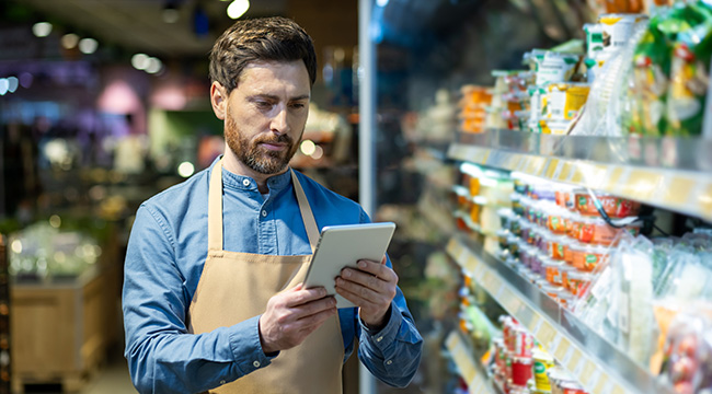 Mitarbeiter im Lebensmittel Einzelhandel bedient Endgerät